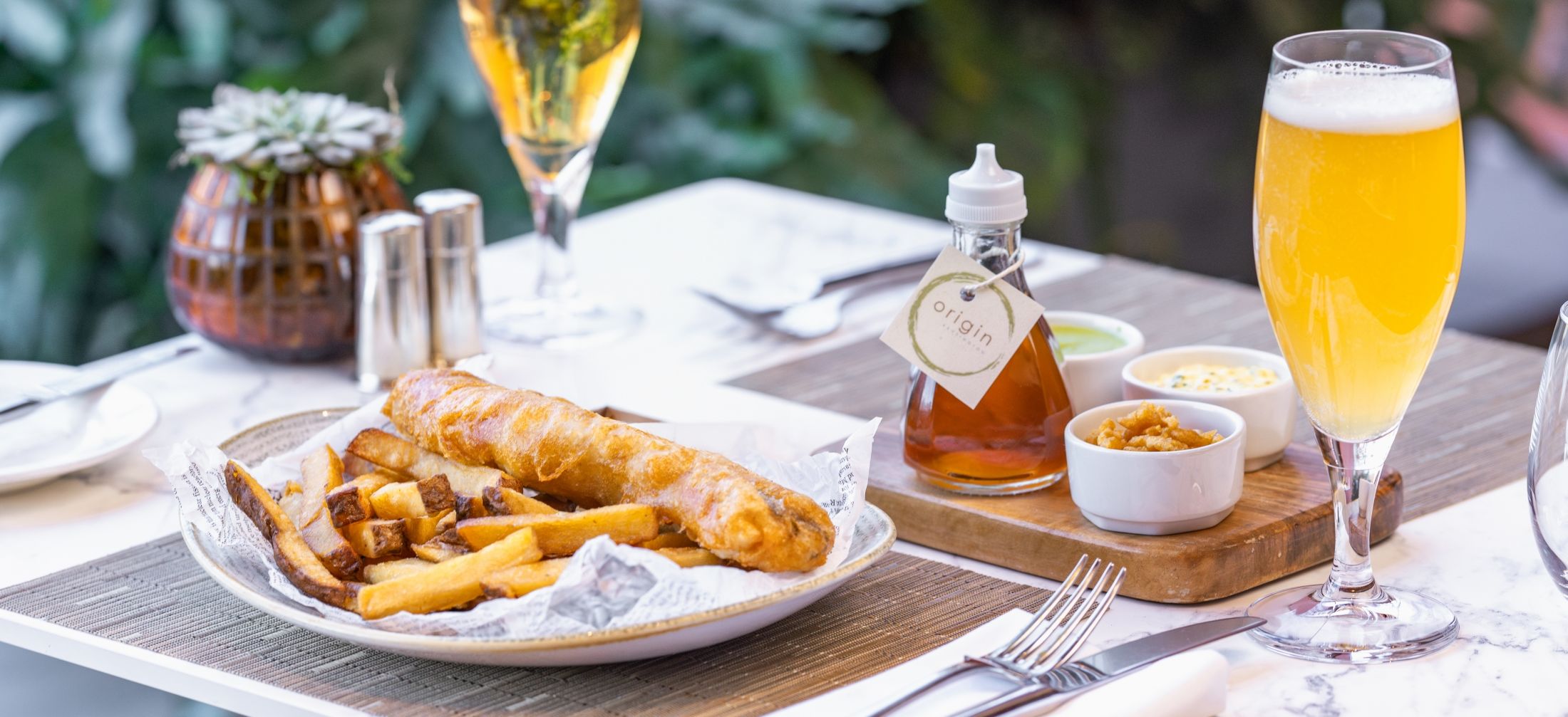 Origin Kensington at Royal Garden Hotel, offers a wide range of British cuisine including the traditional Fish and Chips.
