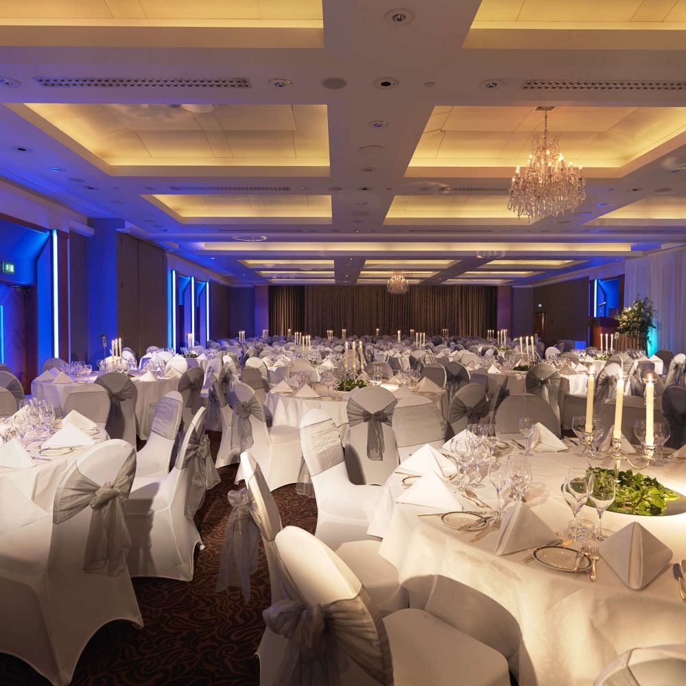 The Palace Suite at Royal Garden Hotel with grand wedding banquet set-up.